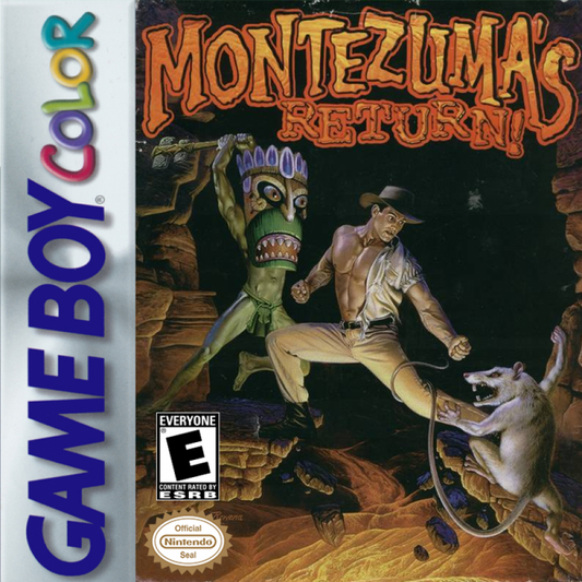 Montezuma's Return Nintendo Game Boy Color GBC for action platformer retro video game fans featuring ancient temple exploration challenging platforming hidden treasures dangerous traps puzzle solving classic handheld gaming collectible gaming appeal front cover art