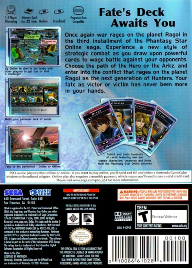 Phantasy Star Online III: C.A.R.D Revolution back of case for Nintendo GameCube (GC) online RPG card battle video game