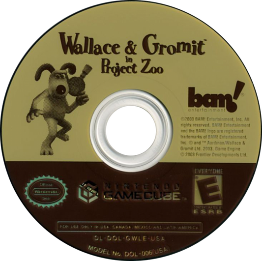 Disc art for Wallace & Gromit in Project Zoo GameCube GC video game, puzzle adventure, family-friendly, cartoon-based gameplay, multiplayer, Nintendo GameCube title