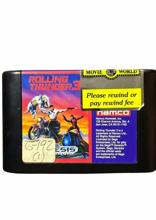 Rolling Thunder 3 Sega Genesis for side scrolling action shooter video game fans featuring fast paced run and gun combat secret agent missions enemy soldiers powerful weapons challenging stages boss battles arcade style action and classic 16 bit gameplay collectible retro Sega Genesis gaming appeal front of cartridge
