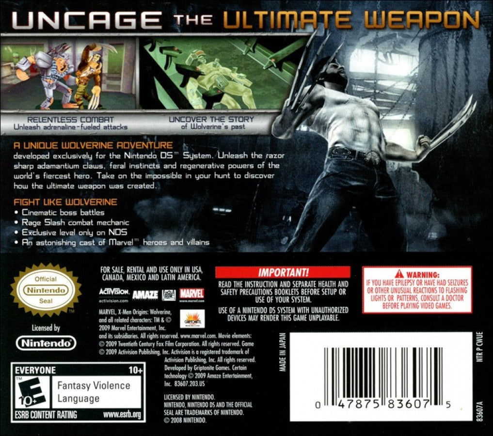 X-Men Origins: Wolverine back of case for Nintendo DS (DS) action adventure video game