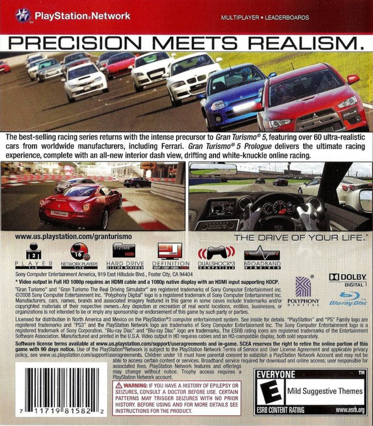 Grand Turismo 5 Proogue for PlayStation 3 featuring intense racing gameplay with high end race cars with variable vehicle customizability cover art back cover art