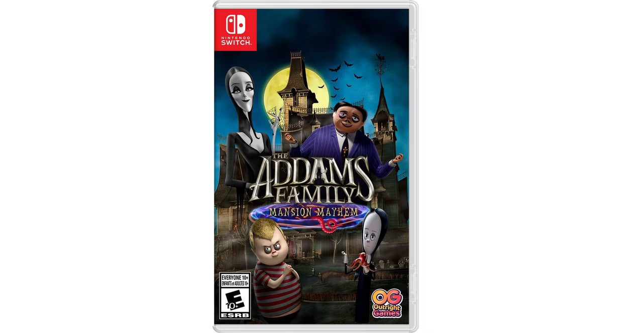 The Addams Family Mansion Mayhem Nintendo Switch for family friendly action adventure video game fans featuring Gomez Morticia Wednesday and Pugsley spooky mansion exploration cooperative multiplayer platforming challenges puzzle solving colorful environments and classic Addams Family characters collectible gaming appeal front cover art