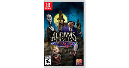 The Addams Family Mansion Mayhem Nintendo Switch for family friendly action adventure video game fans featuring Gomez Morticia Wednesday and Pugsley spooky mansion exploration cooperative multiplayer platforming challenges puzzle solving colorful environments and classic Addams Family characters collectible gaming appeal front cover art