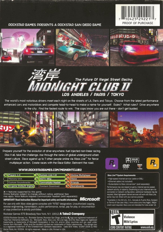 Midnight Club II Platinum Hits Xbox video game, arcade street racing, open-city environments, high-speed multiplayer action, classic console title back cover
