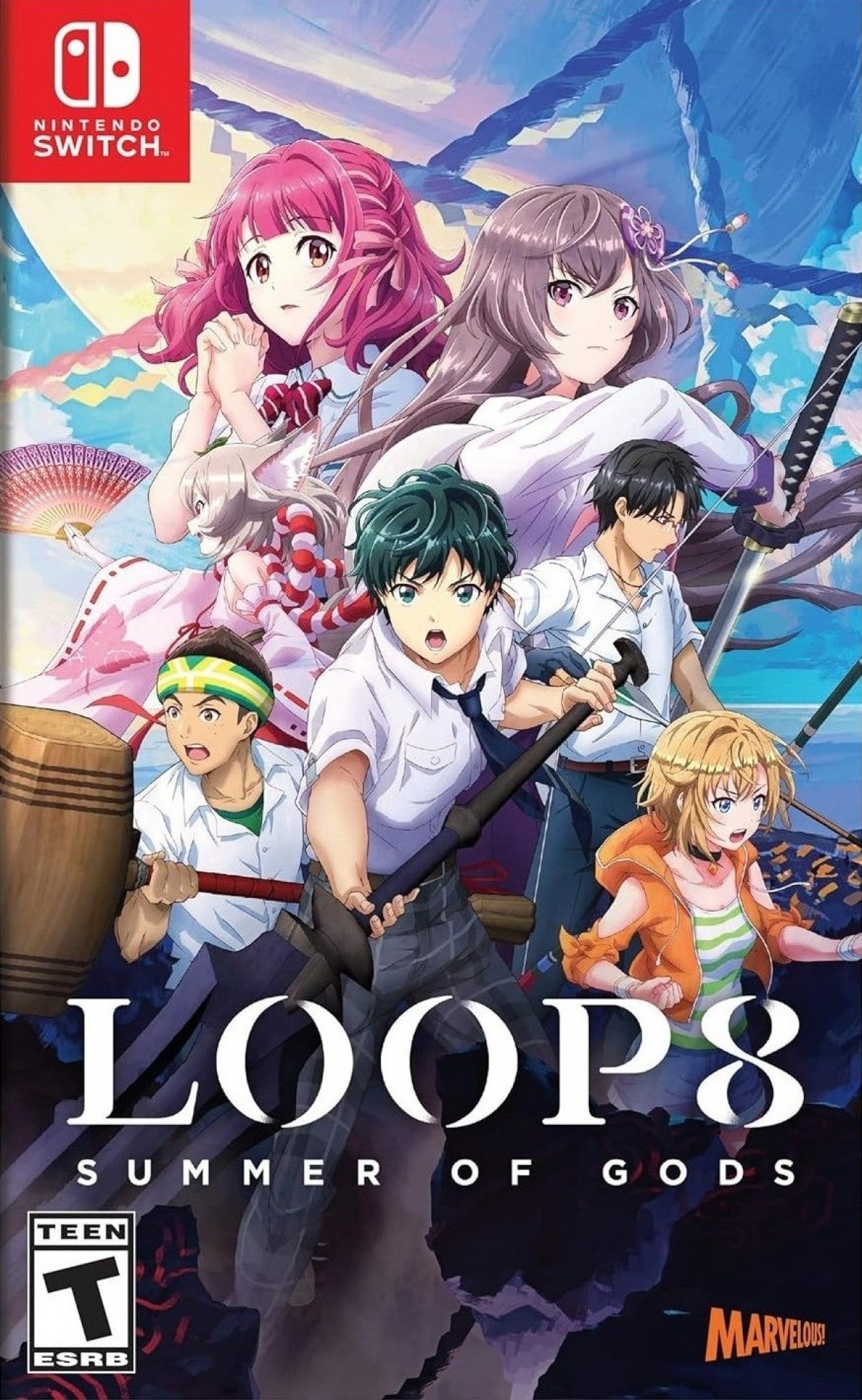 Loop8 Summer of Gods Nintendo Switch NS for role playing video game fans featuring anime inspired storytelling life simulation turn based combat relationship building time loop mechanics supernatural adventure character progression emotional narrative Japanese countryside exploration collectible gaming appeal front cover art