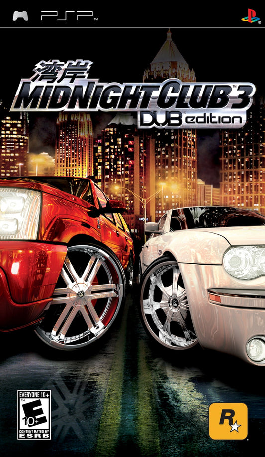 Midnight Club 3 DUB Edition for PlayStation Portable, cover image for an open-world racing video game with street racing gameplay, car customization, fast-paced driving, and urban environments