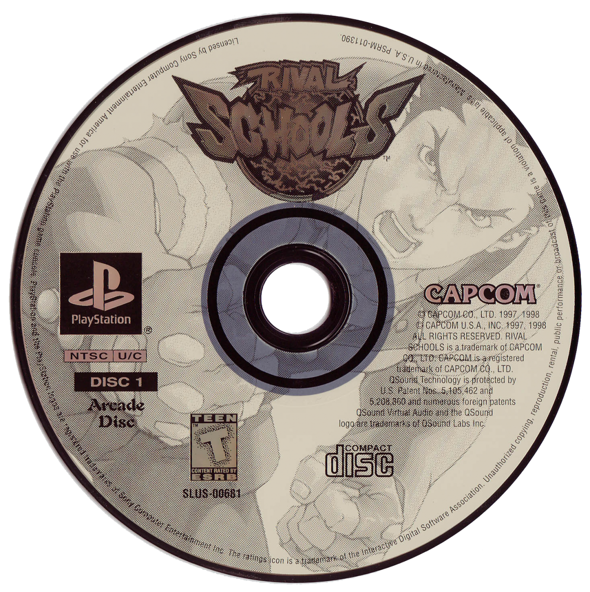 Retro Rival Schools PS1 cover art inspired design featuring classic PlayStation fighting game aesthetic vintage anime combat characters arcade style action gaming fan apparel nostalgic 90s Capcom fighter merch disc 1