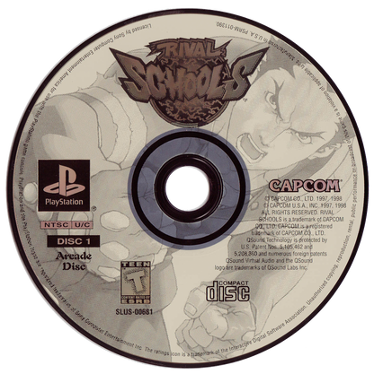 Retro Rival Schools PS1 cover art inspired design featuring classic PlayStation fighting game aesthetic vintage anime combat characters arcade style action gaming fan apparel nostalgic 90s Capcom fighter merch disc 1