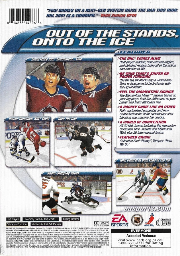 NHL 2001 – PlayStation 2 (PS2) video game back of case, ice hockey simulation.