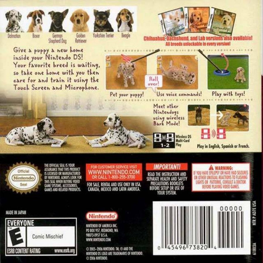 Nintendogs Dalmatian and Friends Limited Edition Nintendo DS pet simulation video game featuring Dalmatian Boxer German Shepherd Golden Retriever puppies touch screen training microphone voice commands Bark Mode virtual pet back cover