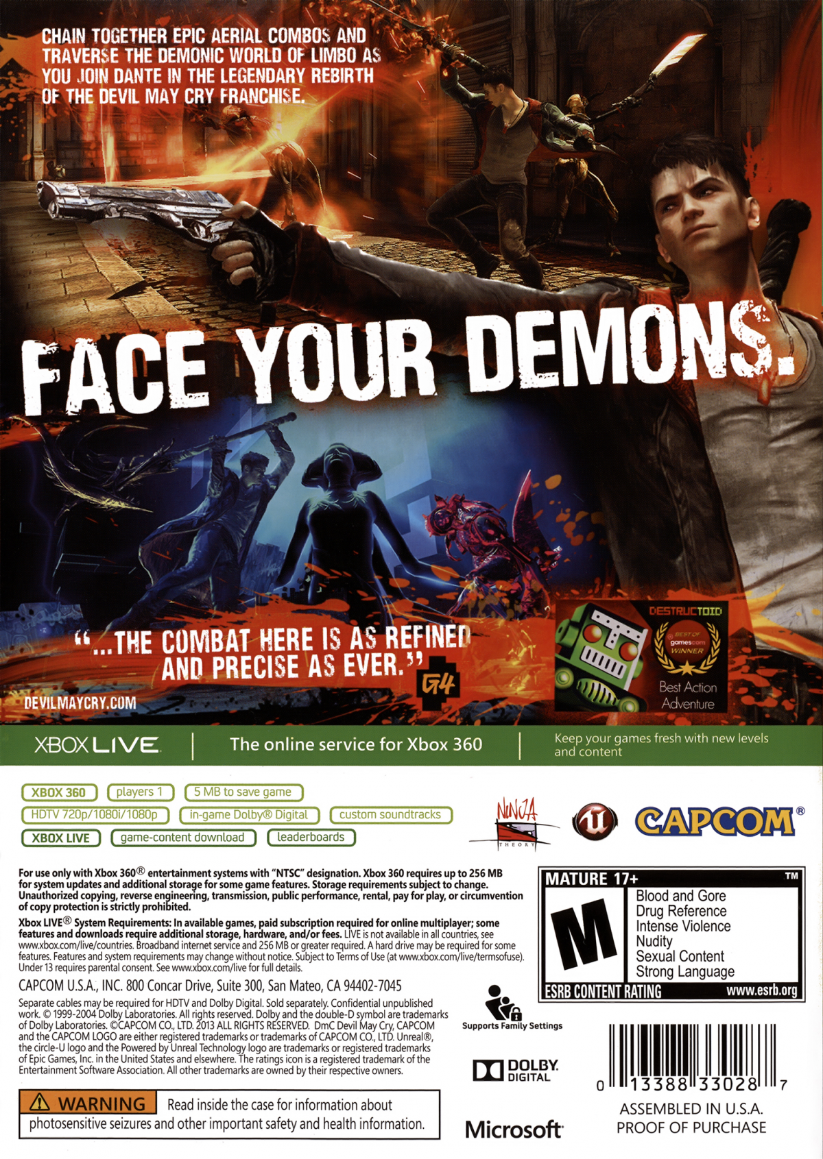 Retro DmC Devil May Cry Xbox 360 inspired design featuring stylized hack and slash action aesthetic vintage HD era demon hunting combat urban limbo world neon surreal environments fast paced aerial combos Dante reboot storyline nostalgic Capcom action presentation back cover art