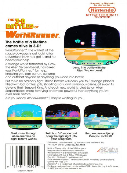 3-D WorldRunner retro NES video game 3-D WorldRunner action adventure fantasy shooting fast paced gameplay pseudo 3D classic console title Nintendo Entertainment System release back of case