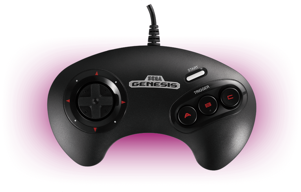SEGA Genesis Mini retro gaming console replica plug-and-play system preloaded with 42 classic games including Sonic the Hedgehog Streets of Rage 2 and Phantasy Star IV with two replica control pads HDMI cable and modern menu interface glowing controller image