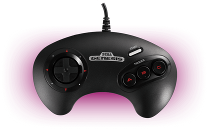 SEGA Genesis Mini retro gaming console replica plug-and-play system preloaded with 42 classic games including Sonic the Hedgehog Streets of Rage 2 and Phantasy Star IV with two replica control pads HDMI cable and modern menu interface glowing controller image