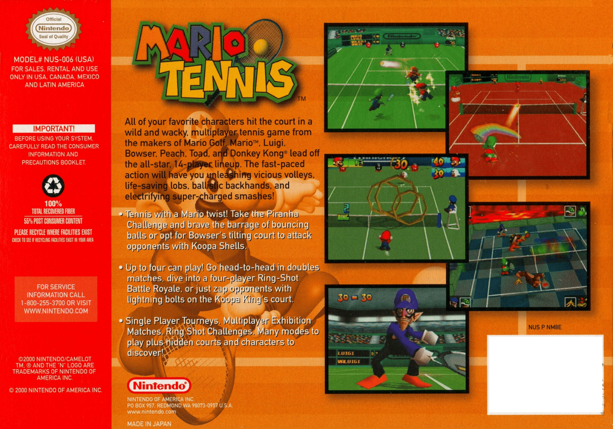Mario Tennis back cover art for Nintendo 64 (N64) video game