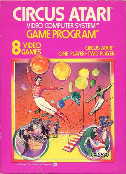 Circus Atari retro Atari 2600 video game featuring arcade carnival gameplay, trampoline action, balloon popping challenges and classic Atari entertainment - cover art