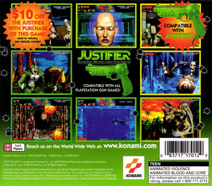 Crypt Killer PlayStation PS1 for light gun shooter video game fans featuring first person arcade style gameplay haunted mansion environments terrifying monsters cooperative multiplayer horror action fast paced shooting classic retro gaming collectible appeal back cover art