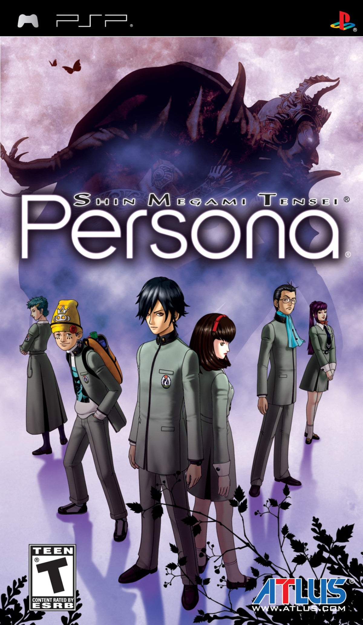 Shin Megami Tensei: Persona cartridge for the PlayStation Portable featuring turn based RPG gameplay with social simulation elements demon summoning and strategic battles in a modern Japanese high school setting front cover