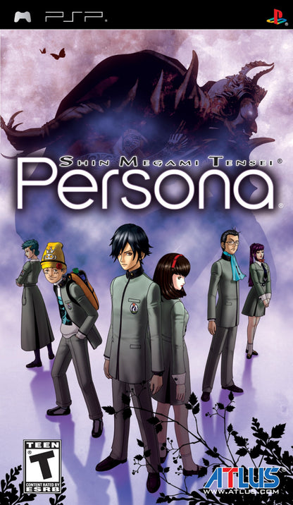 Shin Megami Tensei: Persona cartridge for the PlayStation Portable featuring turn based RPG gameplay with social simulation elements demon summoning and strategic battles in a modern Japanese high school setting front cover