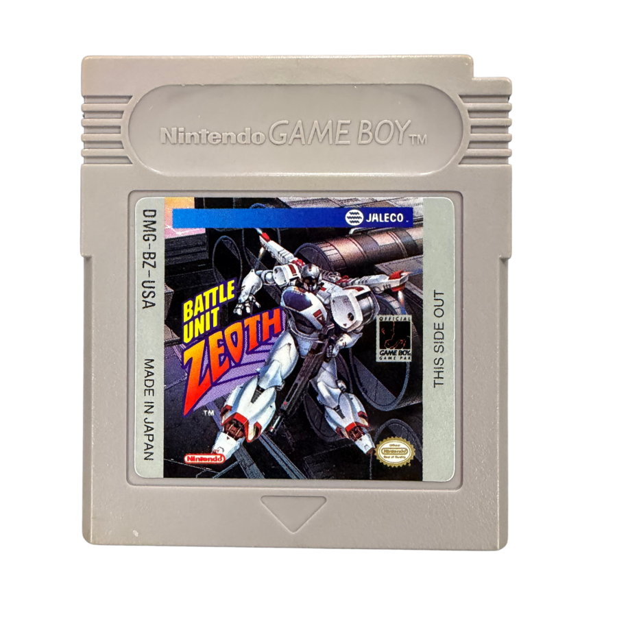 Battle Unit Zeoth Game Boy GB for action shooter video game fans featuring fast paced side scrolling combat futuristic environments challenging enemy encounters powerful weapons platforming elements boss battles and classic monochrome handheld gameplay collectible retro Nintendo Game Boy gaming appeal front of cartridge