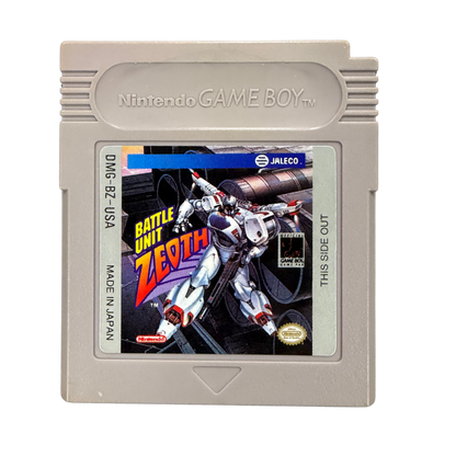 Battle Unit Zeoth Game Boy GB for action shooter video game fans featuring fast paced side scrolling combat futuristic environments challenging enemy encounters powerful weapons platforming elements boss battles and classic monochrome handheld gameplay collectible retro Nintendo Game Boy gaming appeal front of cartridge