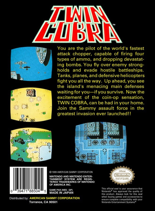 Twin Cobra cartridge for the Nintendo Entertainment System featuring 8 bit vertical scrolling shooter action with military helicopter combat intense enemy waves and arcade style gameplay back cover