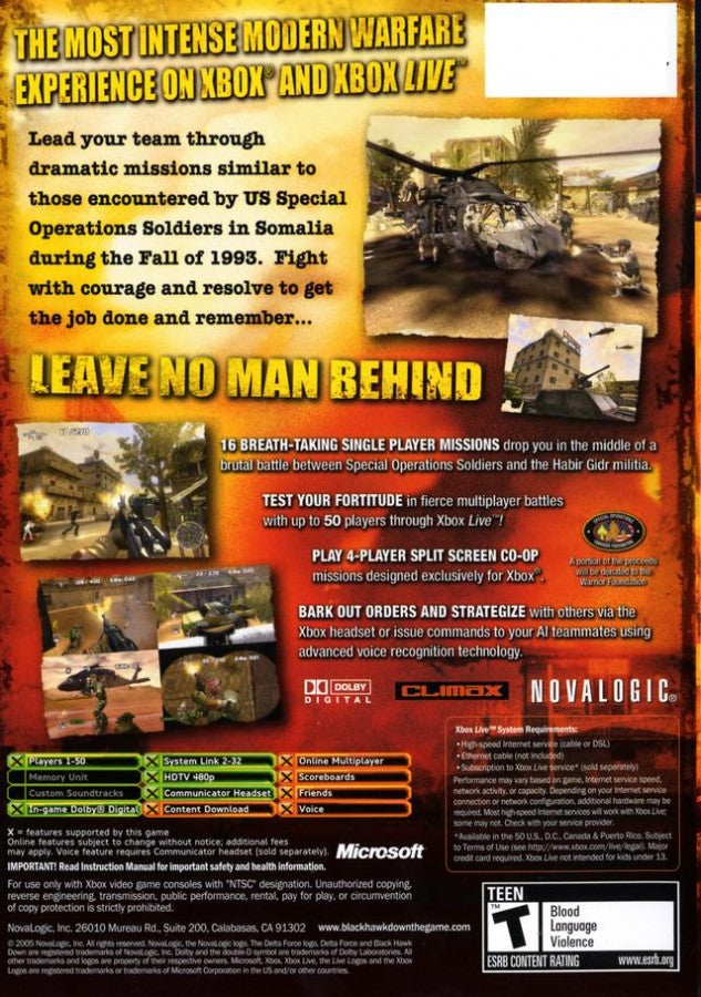 Delta Force Black Hawk Down for Xbox (Xbox) back of case, first person shooter video game. 
