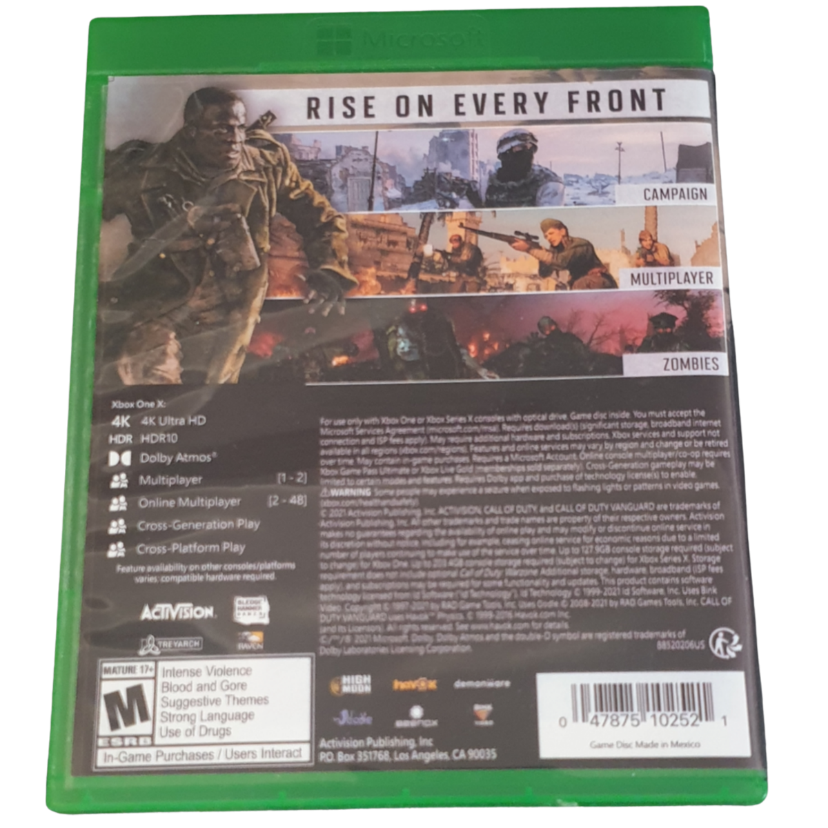 Call of Duty Vanguard game for the Xbox One featuring first person shooter gameplay set in World War II with cinematic campaign missions multiplayer modes and cooperative Zombies experience across global battlefronts back cover 