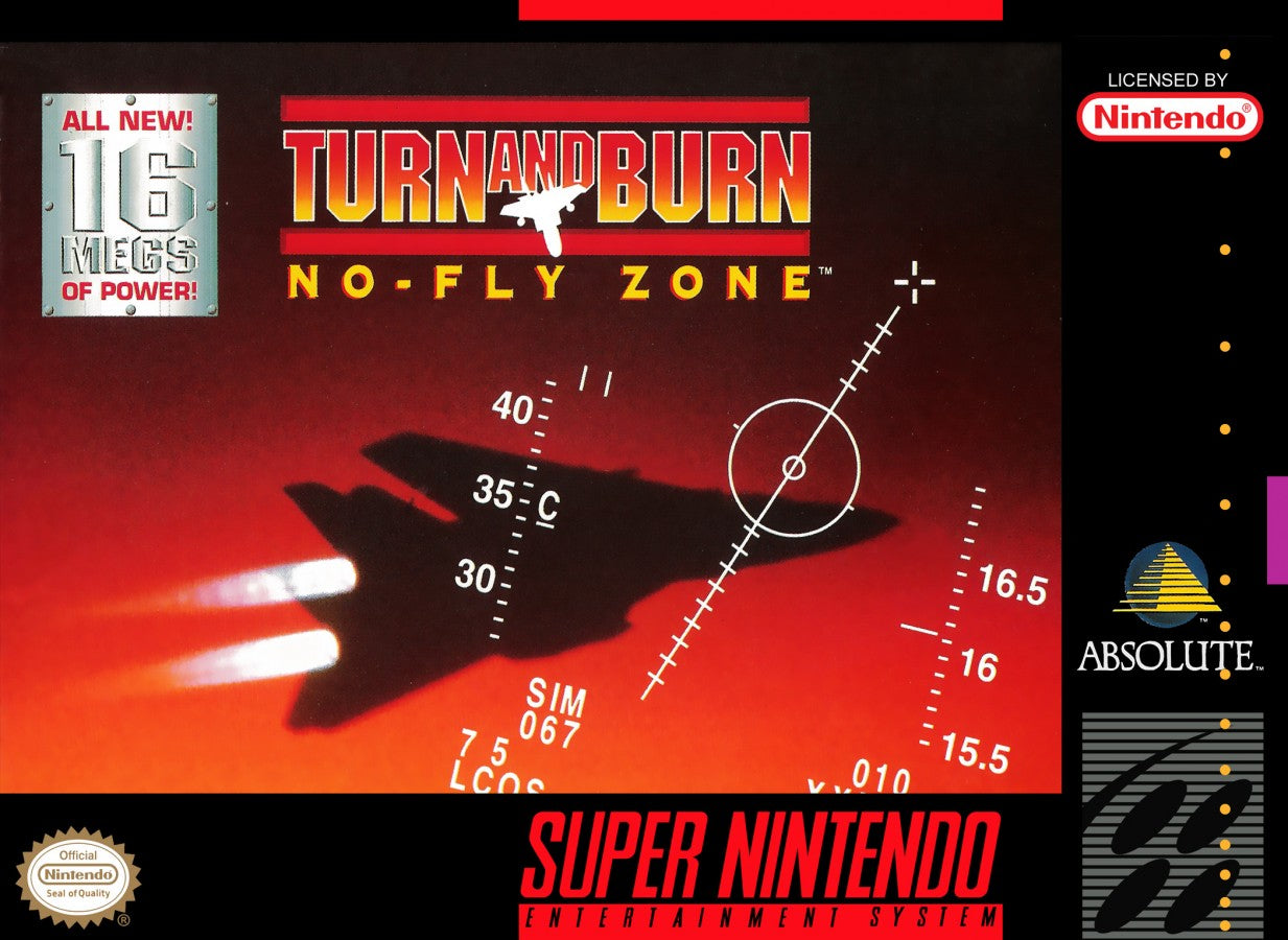 Turn and Burn No Fly Zone Super Nintendo Entertainment System inspired design featuring military flight combat simulation aesthetic high speed jet fighter action aerial dogfights mission based warfare cockpit gameplay classic 16 bit aviation adventure presentation front cover