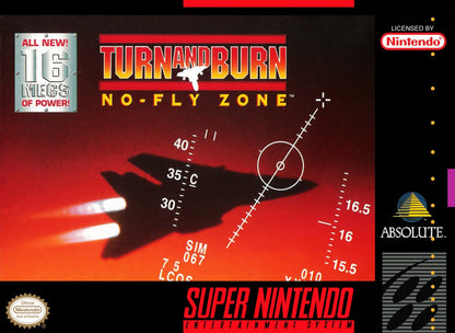 Turn and Burn No Fly Zone Super Nintendo Entertainment System inspired design featuring military flight combat simulation aesthetic high speed jet fighter action aerial dogfights mission based warfare cockpit gameplay classic 16 bit aviation adventure presentation front cover