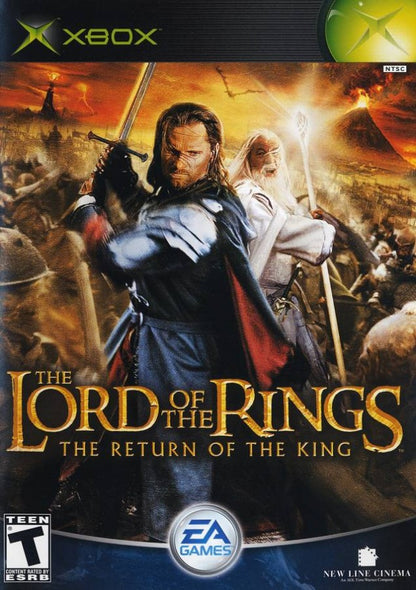 The Lord of the Rings The Return of the King Microsoft Xbox Original Xbox video game featuring action adventure gameplay Middle earth exploration epic battles iconic Lord of the Rings characters sword combat cooperative gameplay story missions and fantasy adventure retro video game collection collectible gaming appeal cover art