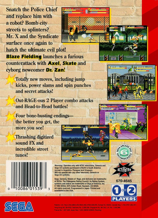 Streets of Rage 3 back cover art for Sega Genesis (GEN) video game