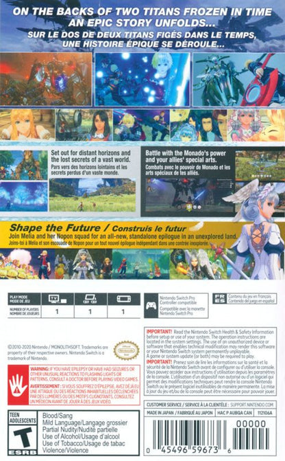 Xenoblade Chronicles Definitive Edition for Nintendo Switch open world JRPG featuring Shulk real time combat expansive exploration story driven adventure and remastered visuals back cover