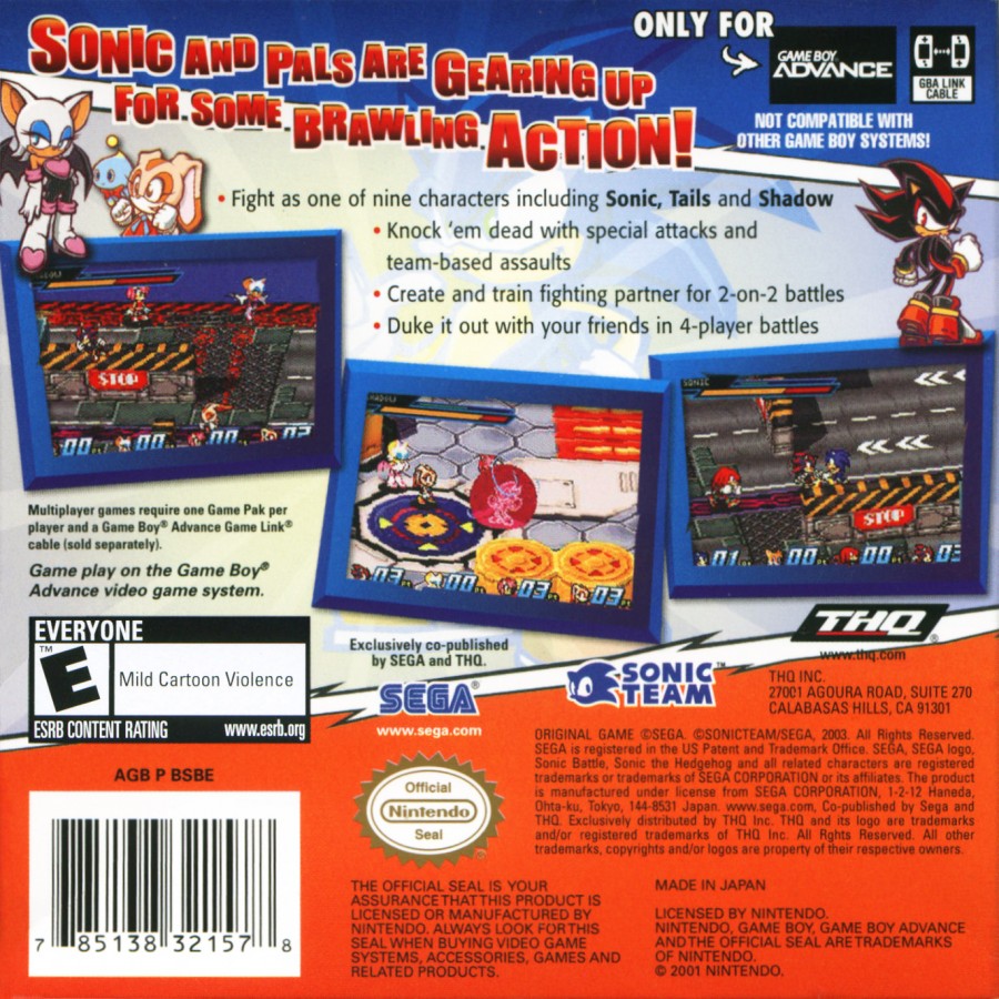 Sonic Battle Game Boy Advance GBA video game, fighting action, Sonic the Hedgehog characters, multiplayer gameplay, handheld console title back cover art