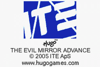 Hugo The Evil Mirror for Game Boy Advance, title screen for an action-adventure video game with platforming gameplay, puzzle-solving, fantasy storyline, and character-based challenges