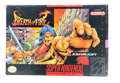 Breath of Fire Super Nintendo Entertainment System SNES retro video game role playing adventure featuring dragon transformations turn based combat fantasy characters exploration magical abilities challenging battles classic 16 bit graphics Super Nintendo gaming experience retro game collection appeal cover art