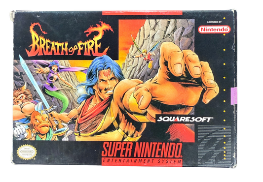 Breath of Fire Super Nintendo Entertainment System SNES retro video game role playing adventure featuring dragon transformations turn based combat fantasy characters exploration magical abilities challenging battles classic 16 bit graphics Super Nintendo gaming experience retro game collection appeal cover art