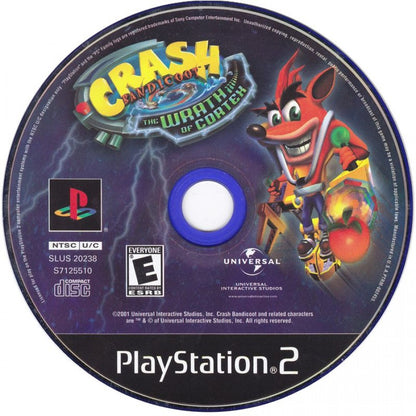 Crash Bandicoot The Wrath of Cortex disc for the PlayStation 2 featuring 3D platforming gameplay with colorful levels spinning attacks boss battles and classic Crash Bandicoot action across varied environments disc