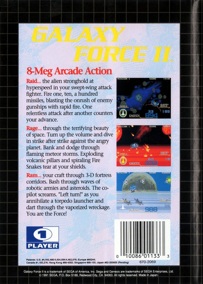 Galaxy Force II Sega Genesis retro video game rail shooter back of case (1990)