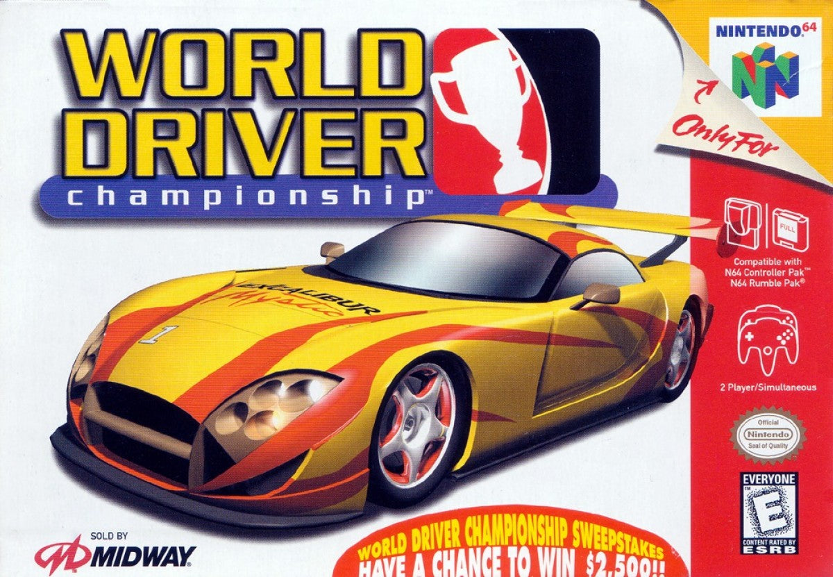 World Driver Championship Nintendo 64 video game featuring realistic arcade racing gameplay licensed cars multiple tracks competitive driving action and classic N64 motorsport title cover art