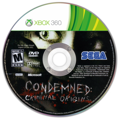 Condemned Criminal Origins for Xbox 360 first person survival horror video game featuring intense psychological terror forensic investigation brutal melee combat and dark atmospheric crime thriller experience disc