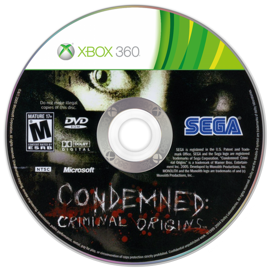 Condemned Criminal Origins for Xbox 360 first person survival horror video game featuring intense psychological terror forensic investigation brutal melee combat and dark atmospheric crime thriller experience disc
