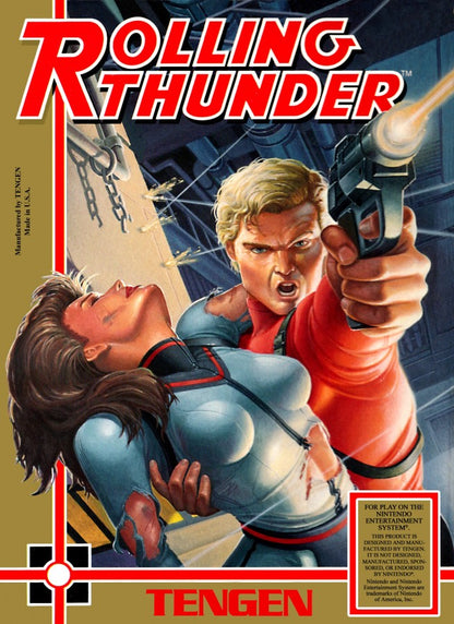 Rolling Thunder Nintendo Entertainment System NES video game featuring side scrolling action shooter gameplay secret agent Albatross enemy combat gun battles hostage rescues enemy base infiltration platforming challenges weapon power ups challenging stages and classic 8 bit Nintendo arcade action retro video game collection collectible gaming appeal front cover art