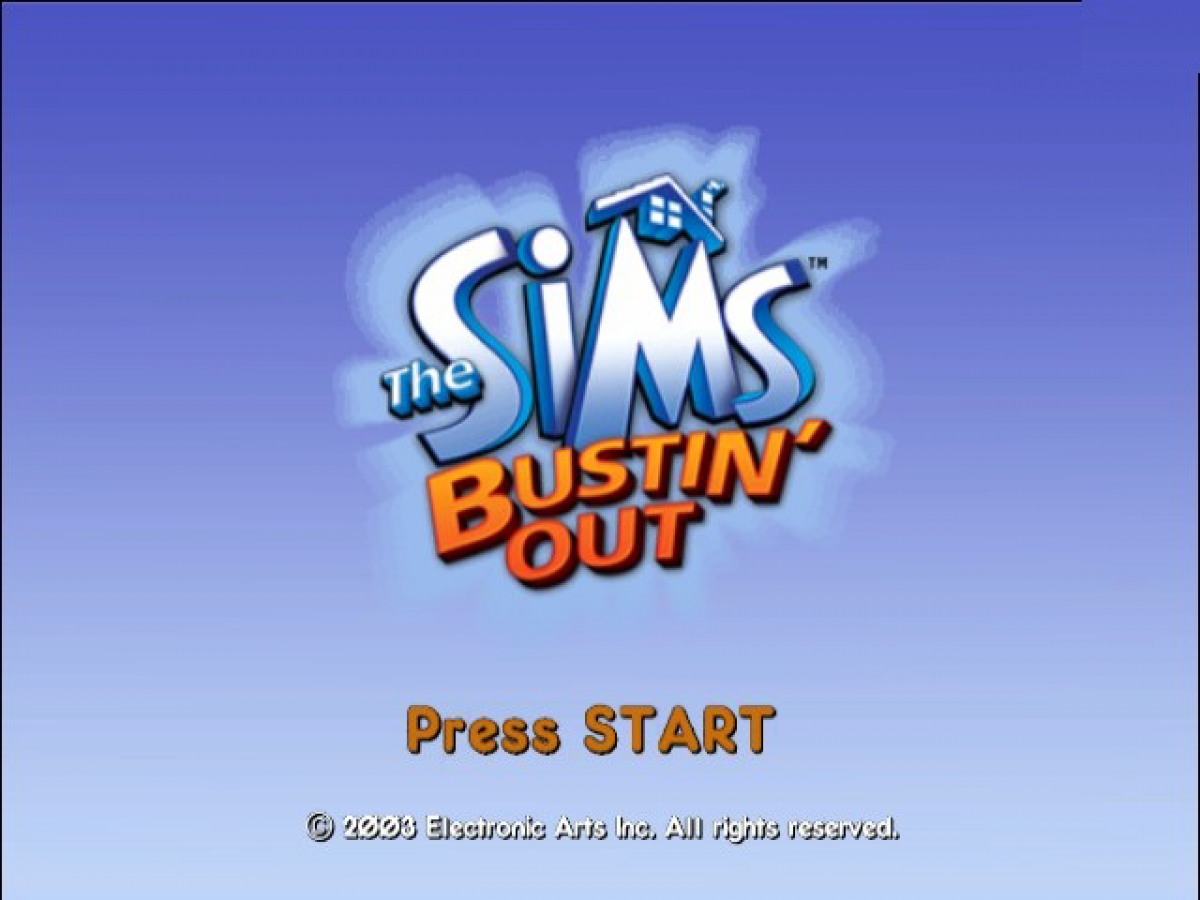 The Sims: Bustin' Out start screen for Nintendo GameCube (GC) life simulation video game