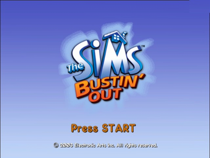 The Sims: Bustin' Out start screen for Nintendo GameCube (GC) life simulation video game