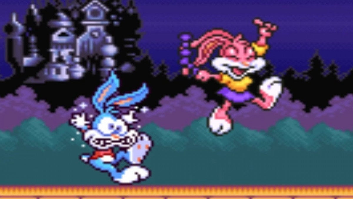 Buster Busts Loose game for the Super Nintendo Entertainment System featuring side scrolling platformer gameplay with cartoon style visuals fast paced levels special abilities and stages based on Tiny Toon Adventures starring Buster Bunny gameplay