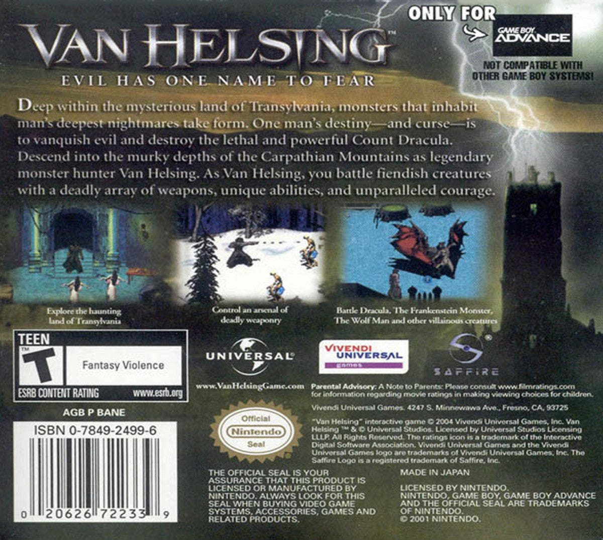 Van Helsing for Game Boy Advance (GBA), back of case for a retro video game featuring action-adventure gameplay, monster hunting combat, side-scrolling levels, supernatural enemies, and movie-inspired gothic fantasy battles