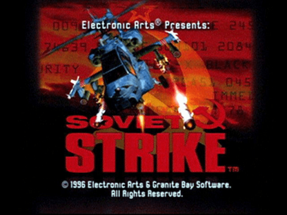 Soviet Strike PlayStation 1 PS1 helicopter combat action video game Electronic Arts sequel to Desert Strike mission-based gameplay striking Soviet Union forces campaign saving hostages destroying targets Cold War era title screen
