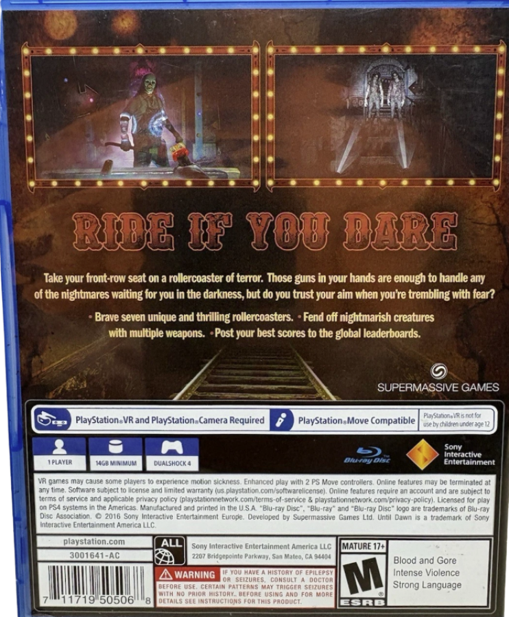 Until Dawn: Rush of Blood – PlayStation 4 (PS4) video game back of case, VR rail shooter horror experience.